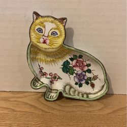 Brass Enamel Cat Figurine Dish Tray MILLE FLEURS Hand Painted Seymour Mann Inc  B20