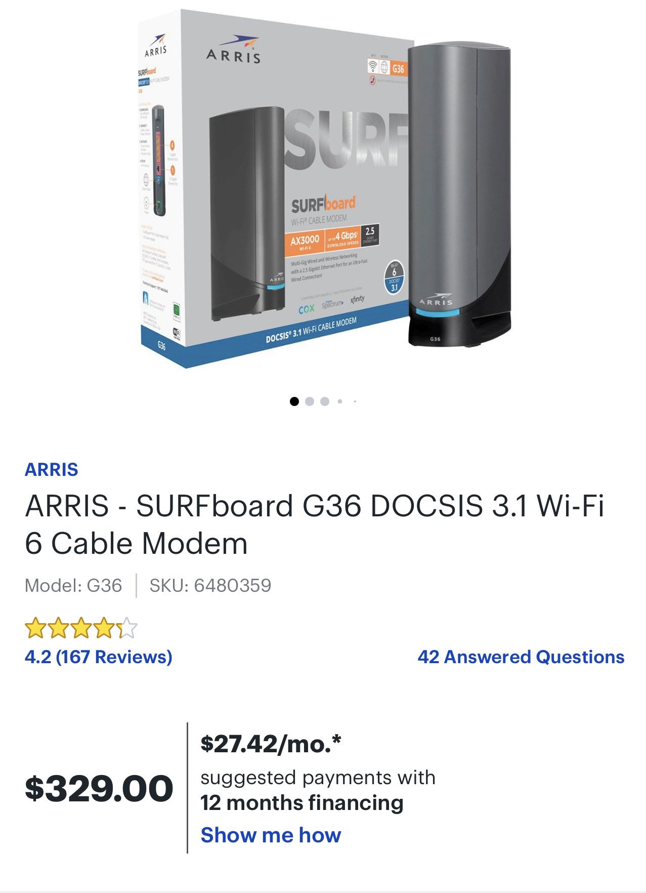 Arris - Surfboard G36 Docsis 3.1 Wi-Fi 6 Cable Modem Xfinity Comcast