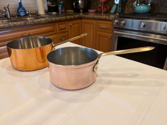 VTG Set (2) Portugal country Farmhouse Brass & Copper Saute Sauce Pans "Super Clean"