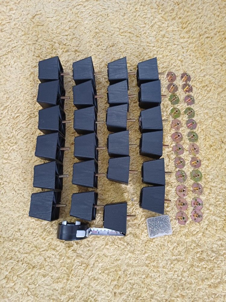 24 sofa legs, couch legs, furniture legs, square, black, two and a half inch tall, mounting hardware