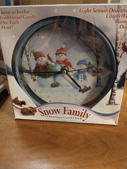 Snow Family Christmas Carol 8" Clock by Mark Feldstein Blue Frame Chimes Work