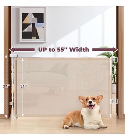 New Open Box_ Retractable Baby Gate for Stairs & Doorways, Dog Gate Indoor Outdoor Extends to 55" Wide 34" Tall Mesh -Beige