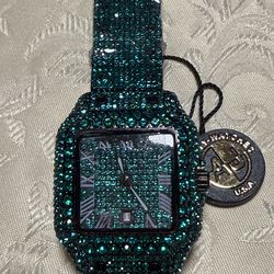 AJ Watches Green Bling Watch Iced Out Rectangle Face
