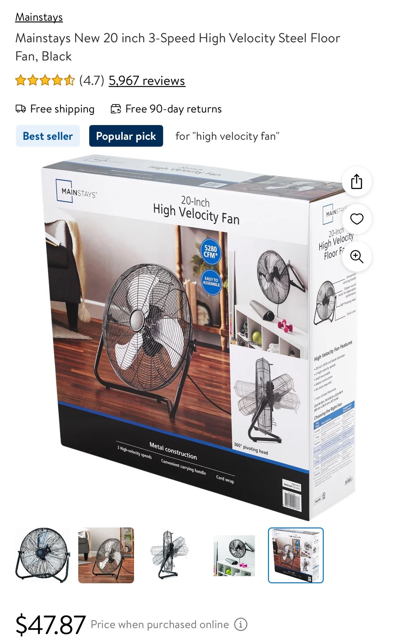 Mainstays New 20 inch 3-Speed High Velocity Steel Floor Fan Black