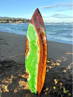 Surfboard Art, Monkeypod and green Epoxy ocean 66 inches
