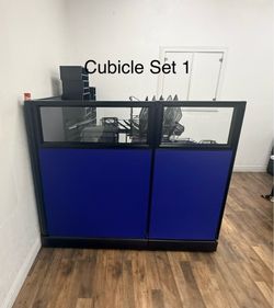 3 Cubicle Workstations with Desks, Cabinets, Glass & Panels