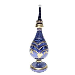 Vintage Egyptian Perfume Bottle with Dauber Hand Blown Glass 5" Tall Blue Gold