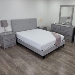 Charcoal Grey Queen Bedroom Set No Mattress BED DRESSER MIRROR AND 2 NIGHTSTANDS 