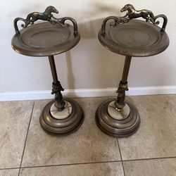 2 Vtg Art Deco Stallion Horse Smoking Stand Ashtray Agate Slag Glass 28" Gold B