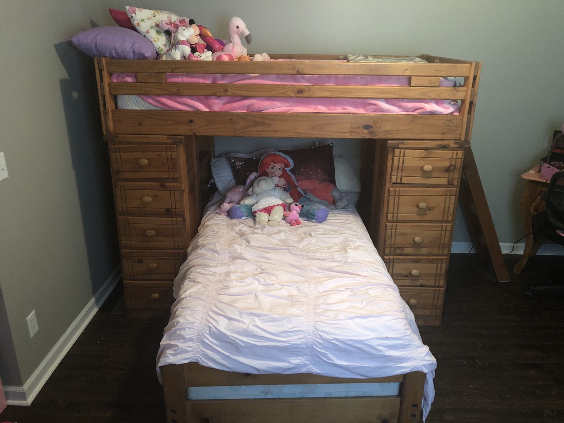 Twin Wood Bunk Beds, Desk, and Toy Chest