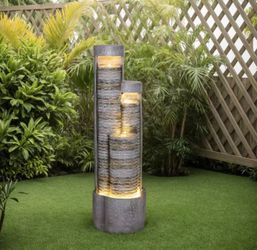1006 39.76" Tall Indoor Outdoor Water Fountain Modern Water Feature Stone-Textured Cascading Floor-Standing Fountains with Led Lights for Garden, Pati