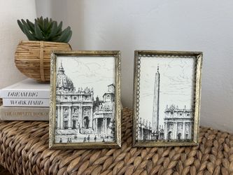 Vintage 2- Gallery Wall Brass Ornate Frames European Architectural Prints Regency Hanging Tabletop Collectibles Artwork Art Decor Europe 