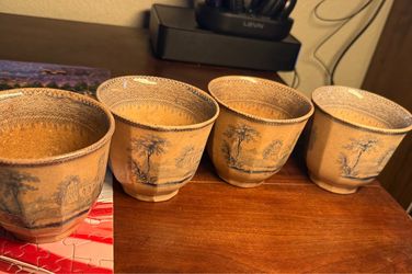 Antique Victorian Blue Transferware Tea Bowls, Set of Four, Abbey Church Scene, Staffordshire-Type Earthenware, Circa 1840–1880