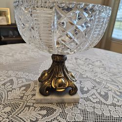 $150.00 - Antique Hollywood Regency Crystal Compote Bowl or Centerpiece!  Marble/Brass/Cut Crystal/Antique - RARE FIND!