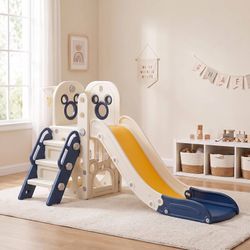 6 in 1 Toddler Slide Playset, Sturdy L-Shaped Climber with Basketball Hoop Indoor Outdoor Playground for Kids with Storage Space, Non-Slip Steps, Baby