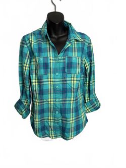 Aeropostale Teal Plaid Button-Up Shirt Women's Large Rollup Sleeves