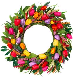 Spring Wreath 22 Inch Artificial Summer Wreaths Tulip Wreath for Front Door with Yellow Tulip Eucalyptus Leaves purple Lavender for Mother's Day Indoo