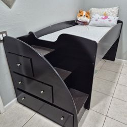 Ashley  Wood Twin Bunk Bed With Storage , Stairs And Mattress