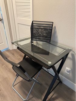 Sturdy glass top desk with Ikea chair