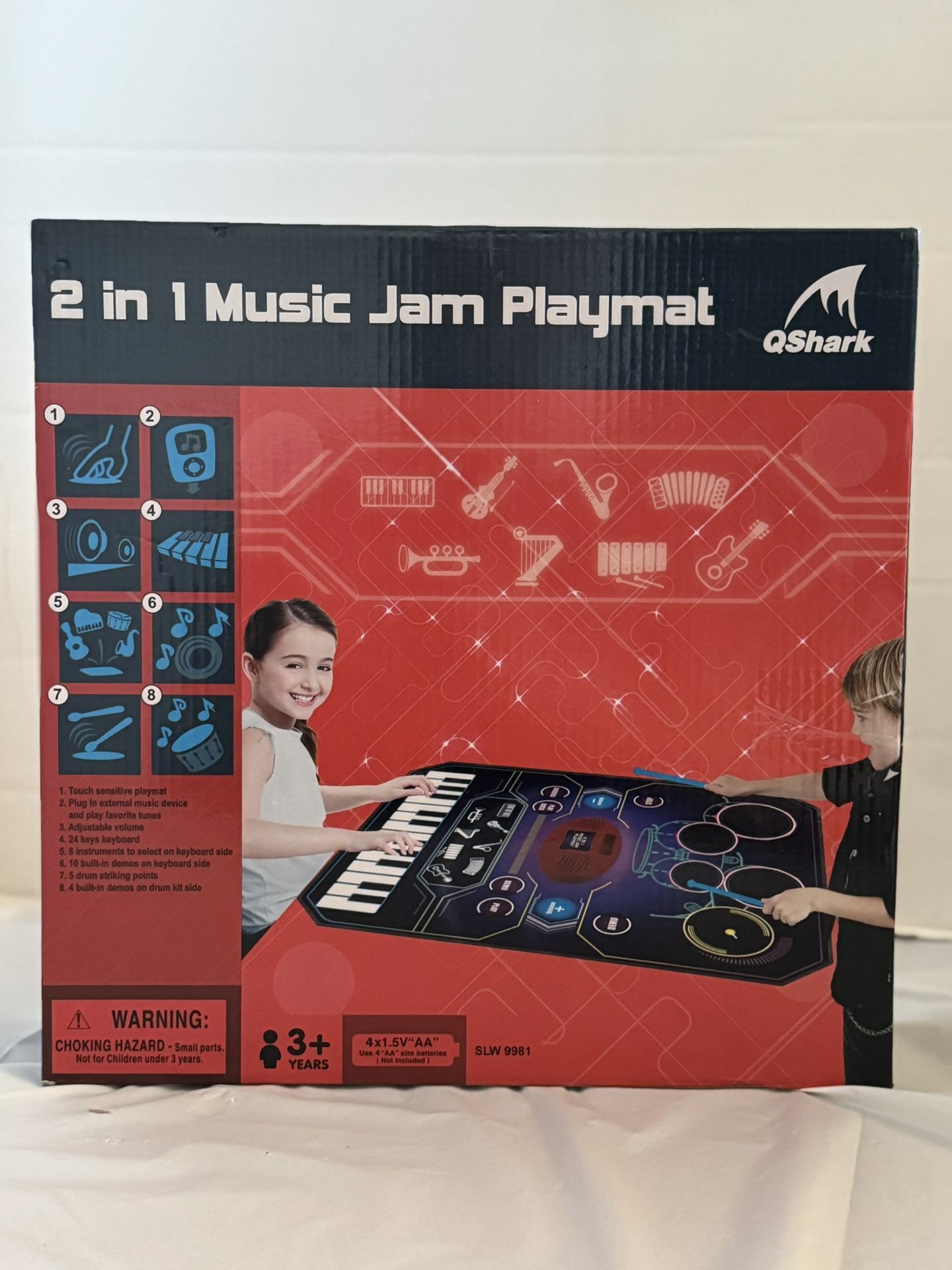 New QShark 2 in 1 Music Jam Playmat - Piano & Drum, 90x69cm, Kids Toy with Drumsticks