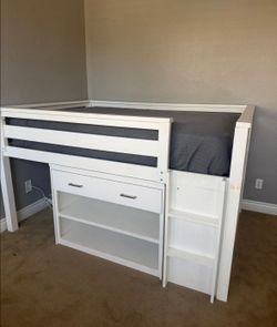 White Full Loft Bed with Storage and Stairs