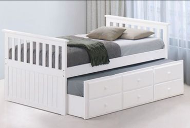Brand New White Twin Size Bed Frame w Trundle Bed + Drawers