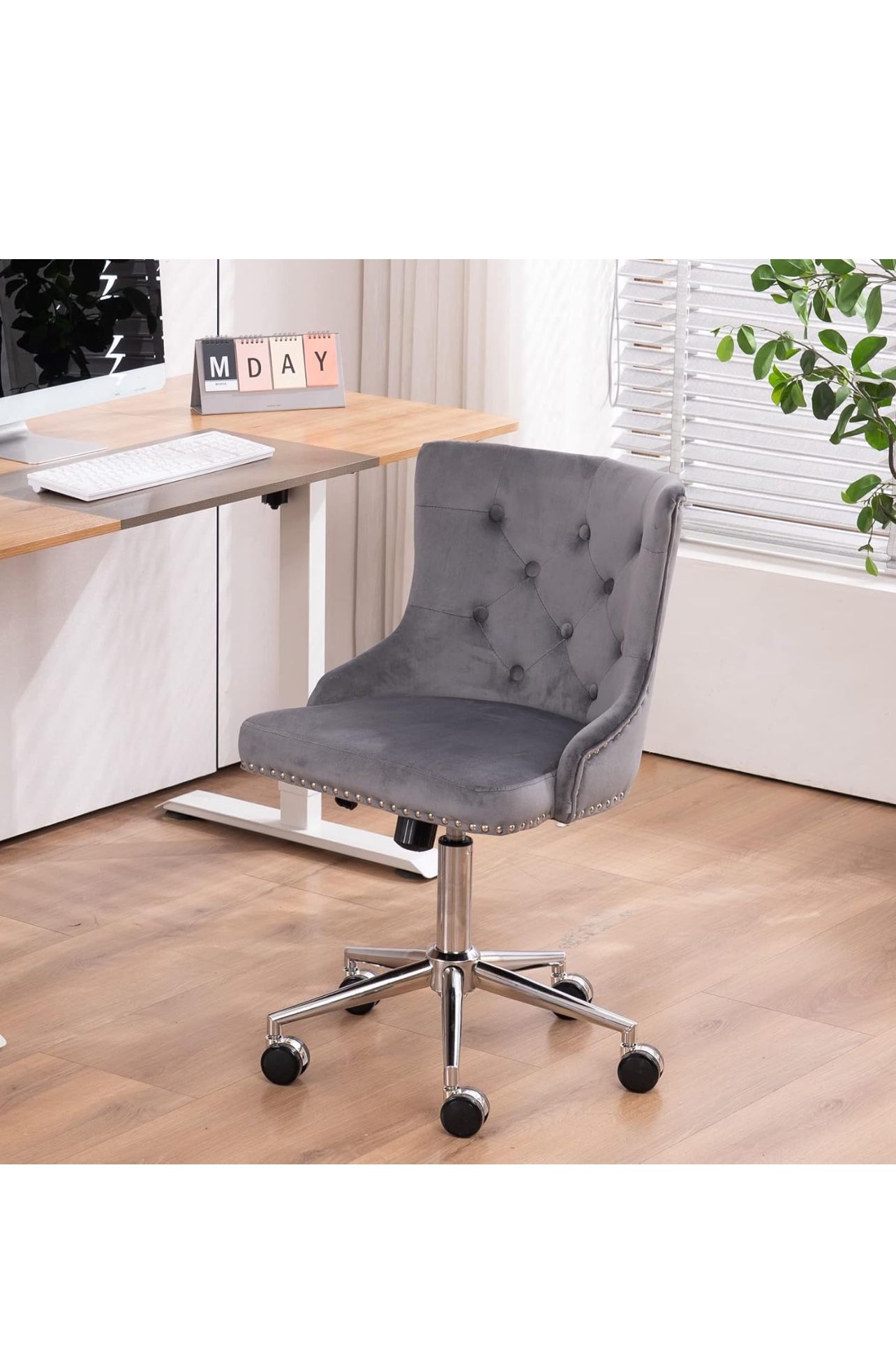 VINGLI Grey Velvet Armless Home Office Desk Chair with Gold Base/Wheels, Small Cute Vanity/Makeup Chair with Back for Bedroom, Upholstered Adjustable