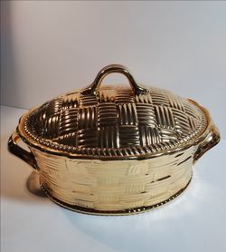 Vintage Hall Golden Glo Lidded Ceramic Casserole Baking Dish Oval Basketweave Pattern Very Good