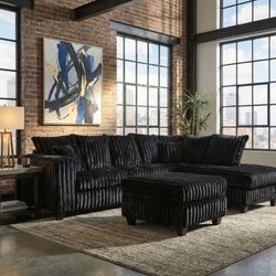 🔥 Brand New Super Comfy Black Corduroy L Shape Sectional Couch/Sofa With Pillows & Opt Ottoman | PAY AFTER DELIVERY 🚚 