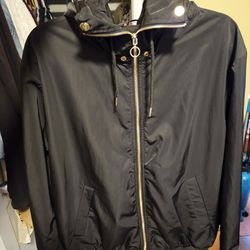 Zara Blk Windbreaker Jacket Rain/Water Resistant Hooded Full Gold Zipper