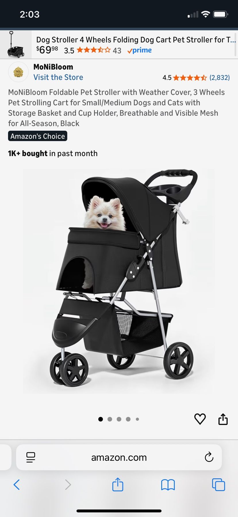 MoNiBloom 3 Wheels Pet Dog Cat Stroller for Small Medium Dogs Cats, Lightweight Foldable Jogger Stroller w/Storage Basket and Cup Holder,