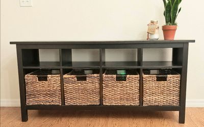 Black Brown Wicker Rattan Entryway TV Entertainment Media Console Table Baskets Shelves