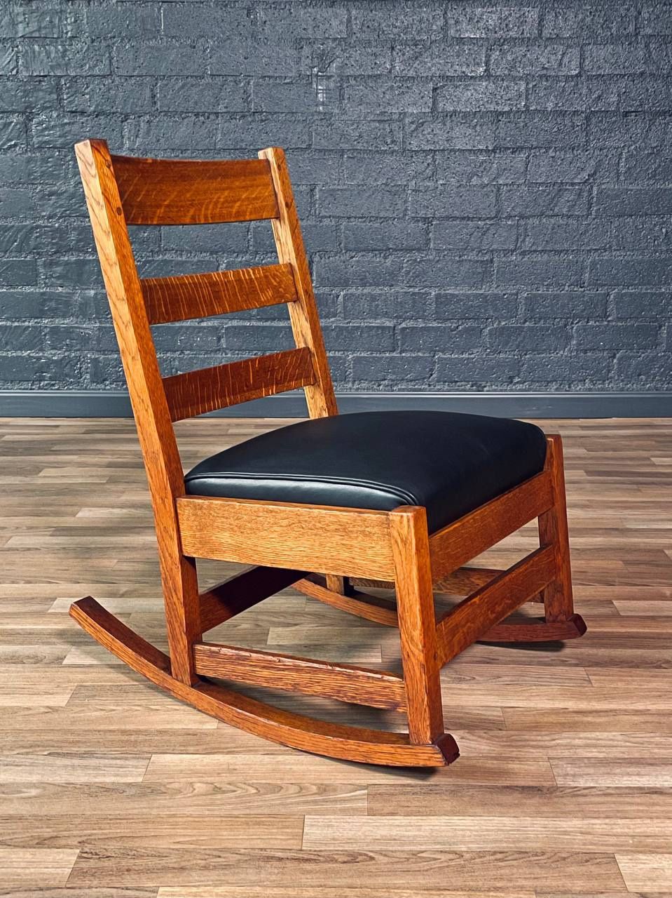 Arts & Craft Mission Tiger Oak & Leather Rocking Chair by Stickley, c.1910's - Delivery Available