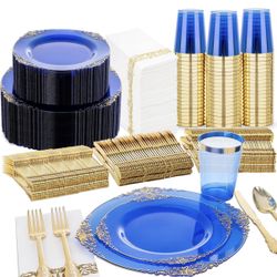 350PCS Blue Plastic Plates - Blue Plastic Dinnerware Sets for 50 Guests - 100 Disposable Plates, 150 Gold Silverware, 50 Cups, 50 Napkins for Wedding 