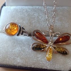 Vintage Sterling Silver Baltic Amber Ring With Matching Necklace 