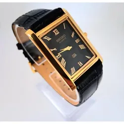 Men's Vintage Seiko Tank Leather Wrist Black & Gold Watch RARE