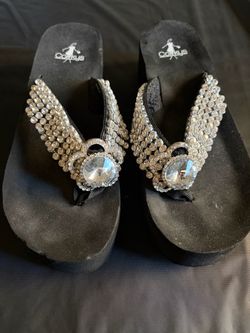Corkys Black Rhinestone Wedge Flip Flops