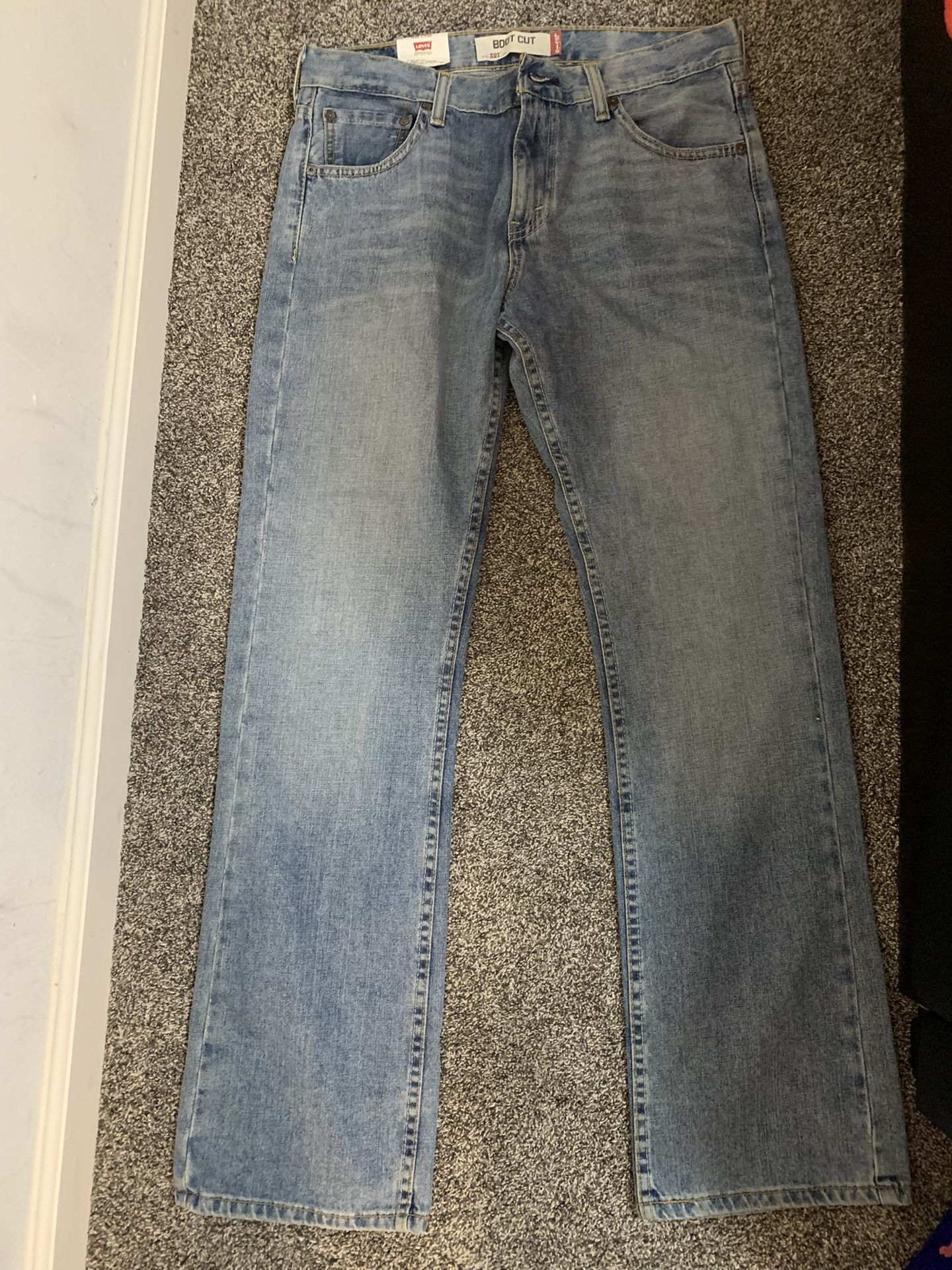 Vintage Blue Denim Low Rise Five-Pockets Distressed Light Wash Levi 527 Boot Cut W33 L32 Men’s Pants