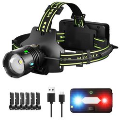 160,000LM Super Bright LED Rechargeable Headlamp, Zoomable Head lamp & 9 Lighting Modes, Upgraded Detachable Polymer Battery Cace, IP67 Waterproof for
