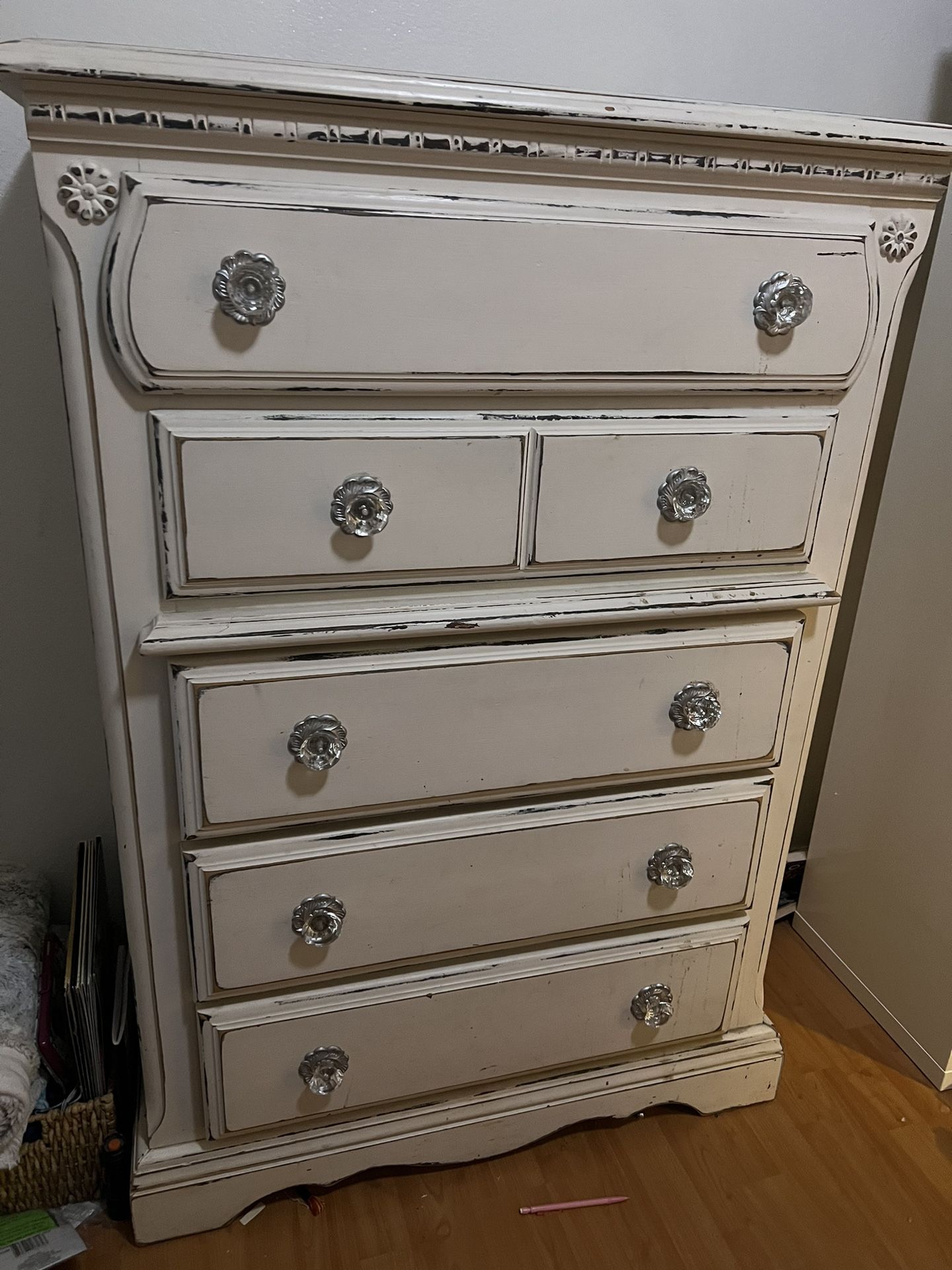 Shabby chic Wood 5 Drawer Chest Dresser Solid Cream White