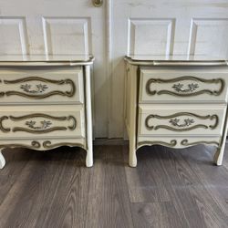Vintage French Provincial Nightstands – Pair | Ornate Details | Solid Wood Drawers