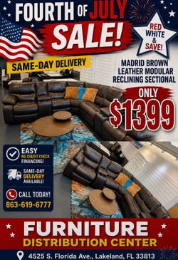 Limited times sale. Madrid Brown, leather reclining sectional only $1399. Easy finance option. Same-day delivery.