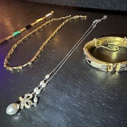 Assorted Jewelry Featuring Gold Plated Aron Necklace And Multi Colored Jade Link Bracelet 