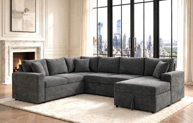 NEW IN BOX - Dark Grey Sectional With PULL OUT BED & STORAGE CHAISE USB Charging  Ports Finance 54 down