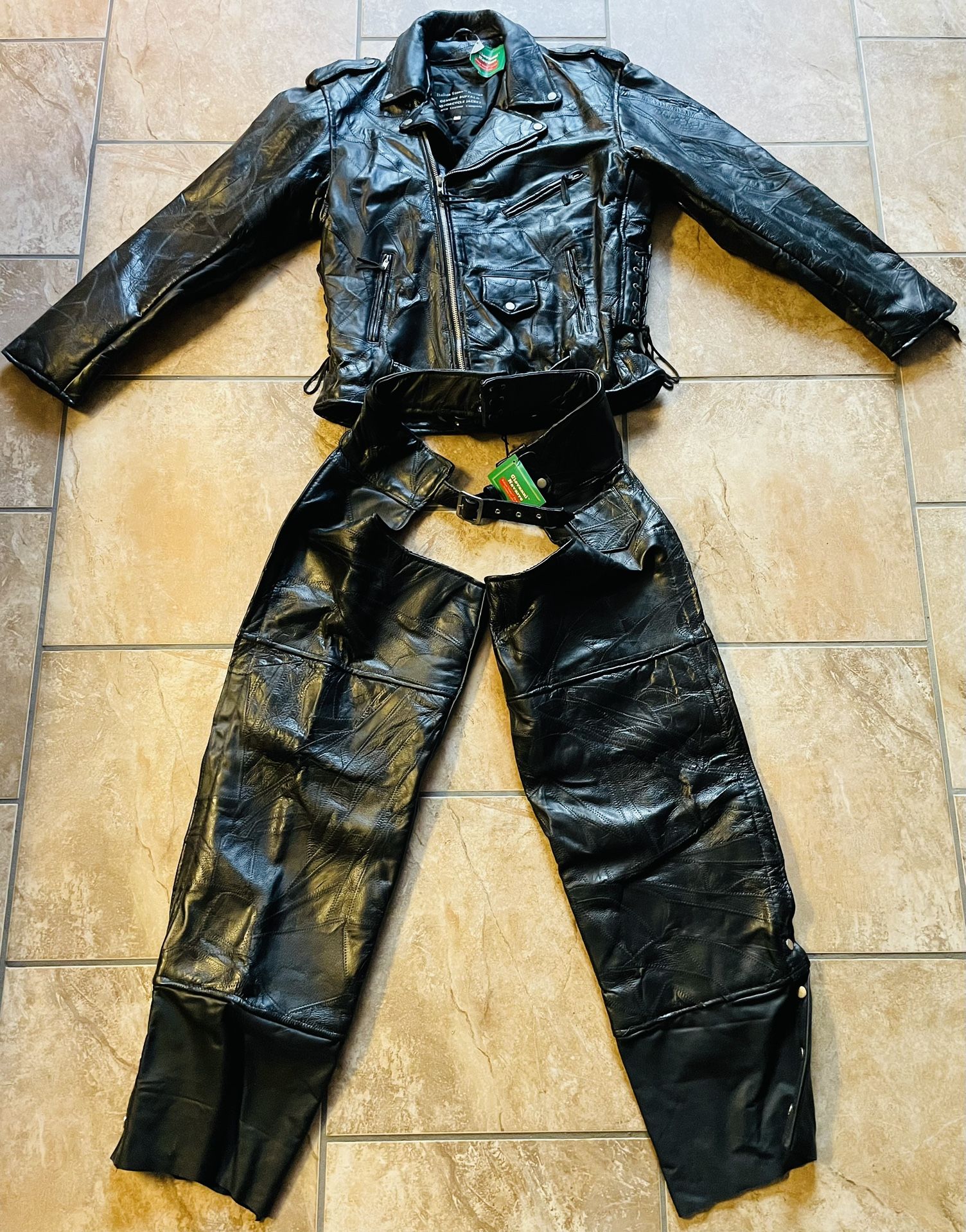Italian Stone Genuine Buffalo Leather Motor Cycle Jacket & Chaps