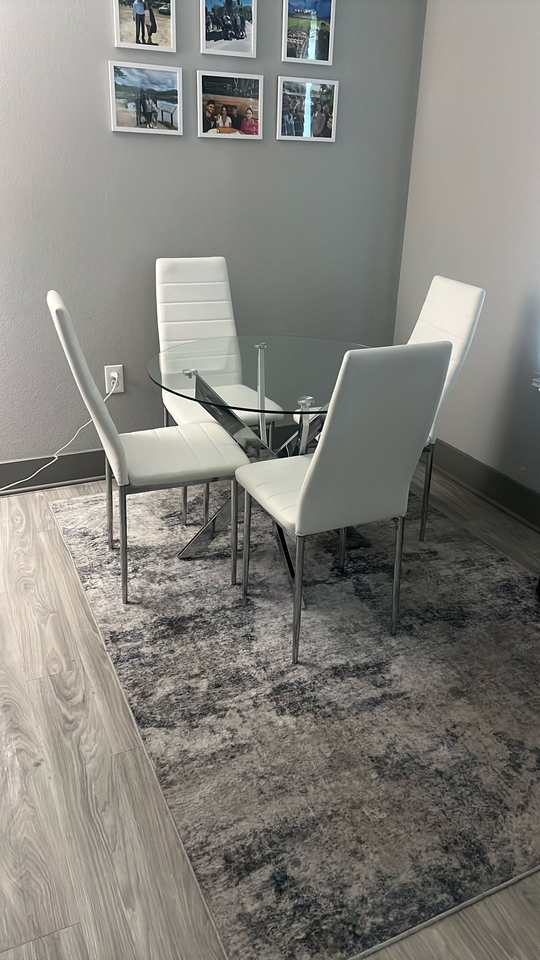 Modern Glass Dining Table with 4 White Chairs