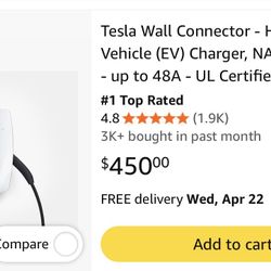 Tesla Wall Connector - Home Electric Vehicle (EV) Charger, NACS - Level 2 - up to 48A - UL Certified, Enery Star Partner