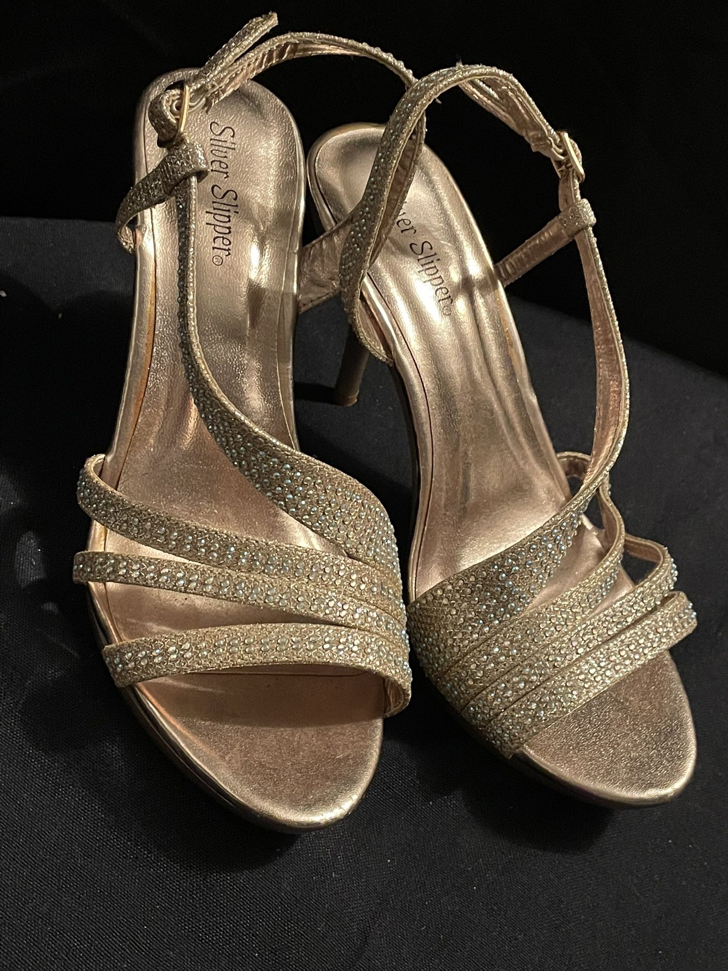 Silver Slipper Rose Gold Kitten Heel Shoes New Size 8