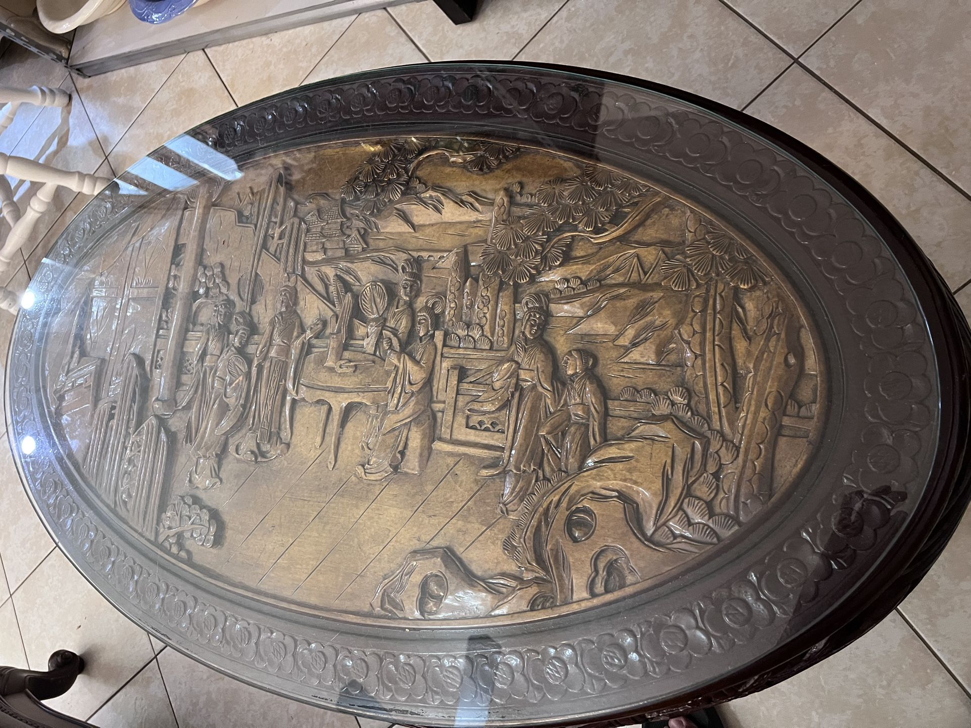 Vintage Hand-Carved Asian Coffee Table w/ Glass Top – 46” x 26” – H 20.5”