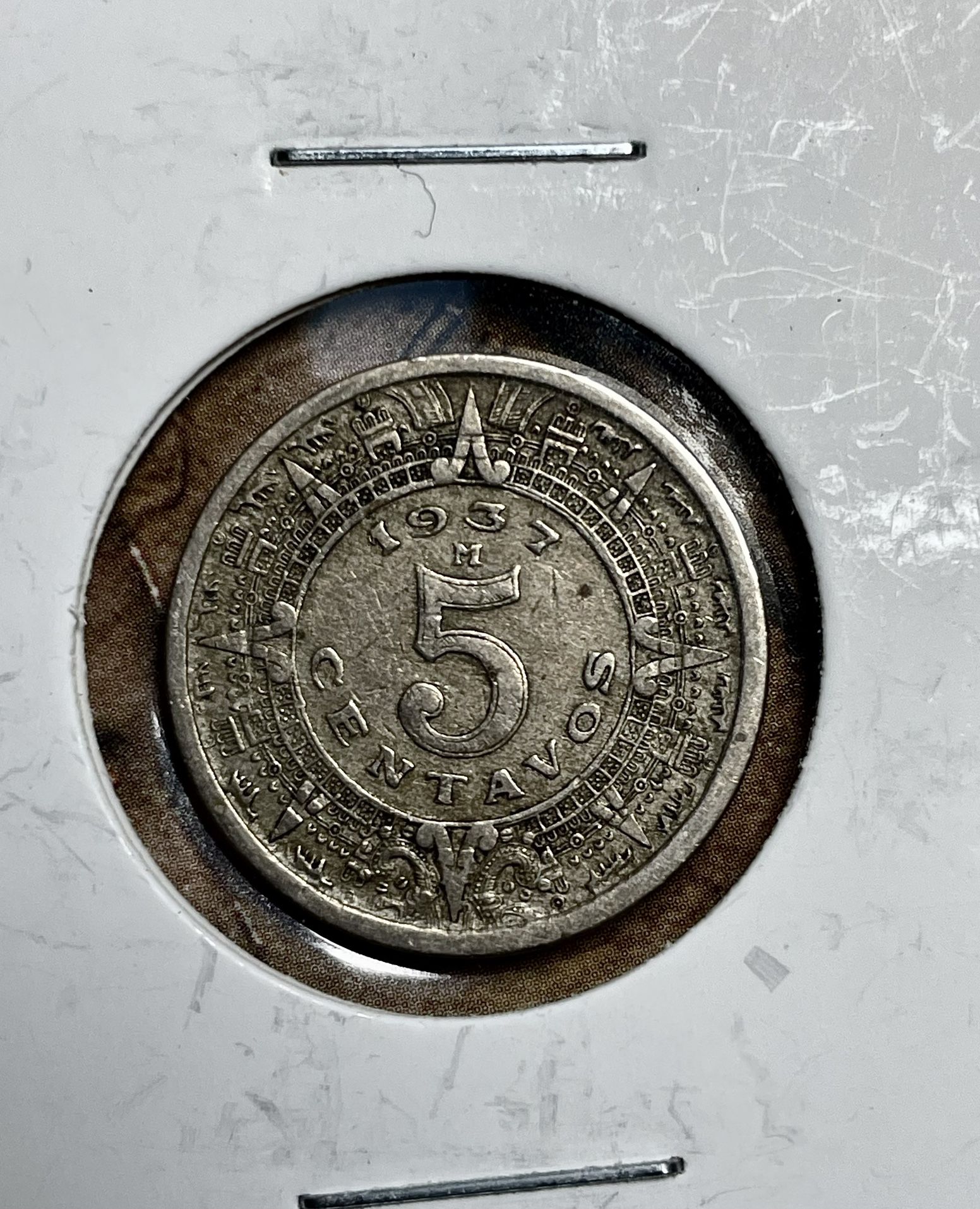 Mexico 1937. 5 Centavos Coin, Aztec, Sun Stone